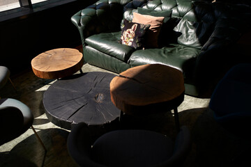 Dark room with green leather sofa and wooden coffee tables in soft natural light. Stuttgart, Germany