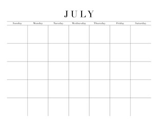 Blank July Month Customizable Calendar Grid, transparent background