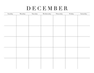 Blank December Month Customizable Calendar Grid, transparent background