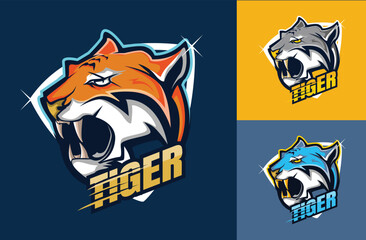 Tiger mascot logo illustration, fierce wild animal head emblem, strong predator cartoon design for sports, gaming, and branding identity