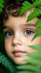 Close-up of a child in a green forest, soft sunlight on the face, dreamy bokeh background, natural innocence with ultra-clear details.