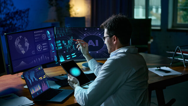 Professional interacting with AI-driven data visualization interface in modern workspace. Concept of AI automation, fintech, big data, UX design, and tech education in digital professions. Collage