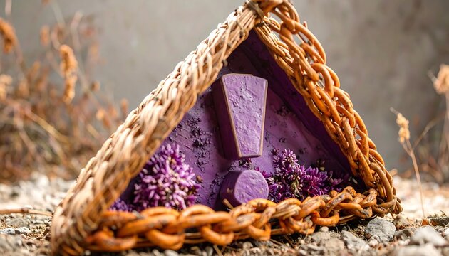 Close up of purple exclamation point in woven triangular frame with flowers, outdoors