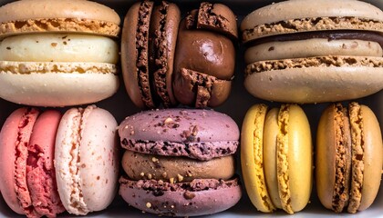 Close-up of six assorted colorful macarons in a box