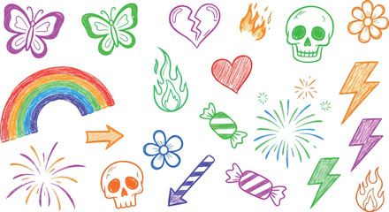 Vector art of collection of colorful handdrawn doodle icons including butterflies, hearts, lightning, and rainbows
