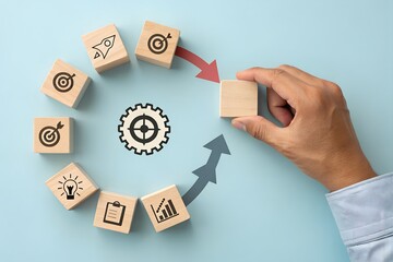 Obraz premium Continuous Strategy Cycle – Planning, Execution, and Innovation Visualization, Abstract, Lifestyle, Creativity, Process Icons and Circular Workflow