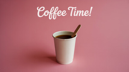 A minimalist product photography composition featuring a white disposable coffee cup against a solid pink background.