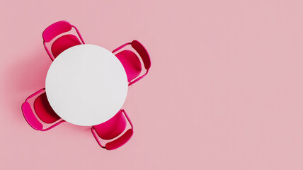 A minimalist product photography composition of a small white round table with four hot pink plastic chairs on a solid light pink background.