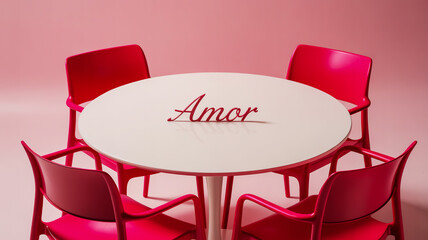 A minimalist product photography composition of a small white round table with four hot pink plastic chairs on a solid light pink background.