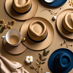 Beige and navy hats, a cup, and plates, arranged on a light beige background with floral and leaf accents