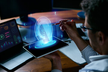 Business researcher using holographic tablet for cryptocurrency and finance monitoring. Concept of fintech, blockchain, AI trading analysis, and data-driven innovation in global economy. Collage