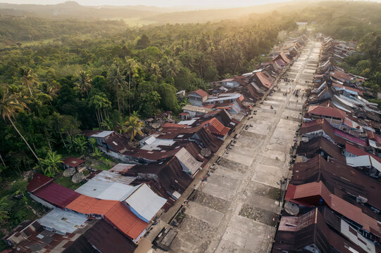 Aerial view of the traditional village of Desa Hilisimaetano in South Nias, North Sumatra, Indonesia