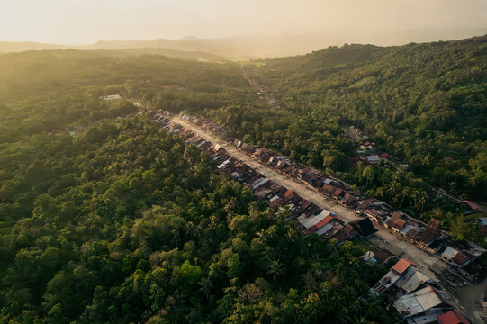 Aerial view of the traditional village of Desa Hilisimaetano in South Nias, North Sumatra, Indonesia