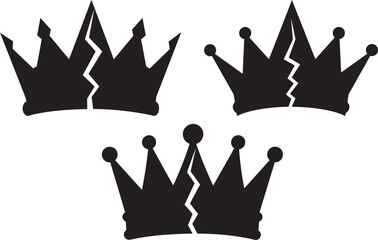 Three black cracked crown silhouettes on a white background silhouette