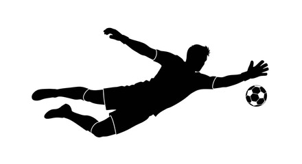 Dynamic silhouette of a soccer goalkeeper in mid air making a diving save to catch the ball
