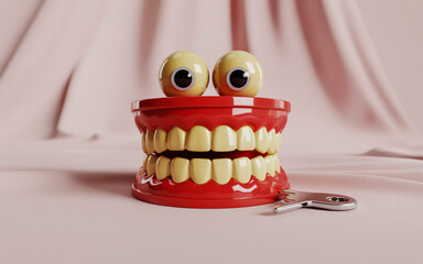 A wind-up novelty toy with a red plastic base featuring white plastic teeth arranged in two rows.