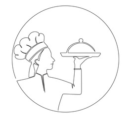 Continuous line art of a female chef carrying food in her hands. This icon is for a banner sticker or restaurant logo.