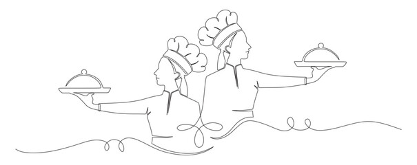 Continuous line art of two female chef carrying food in her hands. This icon is for a banner sticker or restaurant logo.