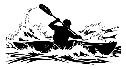 Dynamic silhouette of a kayaker navigating through choppy water and splashing waves with a paddle in action