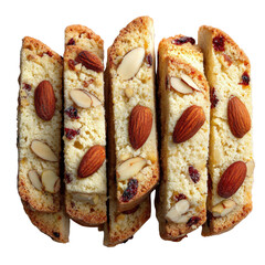 Delicious Almond Biscotti: A delectable shot showcases slices of almond biscotti. These biscotti biscuits are freshly baked, crunchy, and adorned with almonds and dried cranberries.