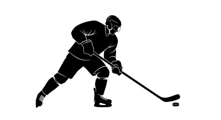 Dynamic silhouette of a hockey player in action skating with stick and puck on white background