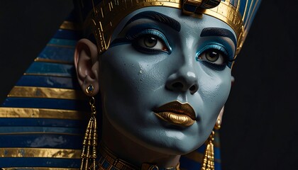 An Egyptian pharaoh is depicted in close-up, featuring blue skin, gold adornments, and striking makeup. Dark background