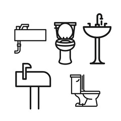 Flat line art vector icon of five household icons, there is sink, toilet & pedestal sink, mailbox, side toilet, in black outlines on white background.
