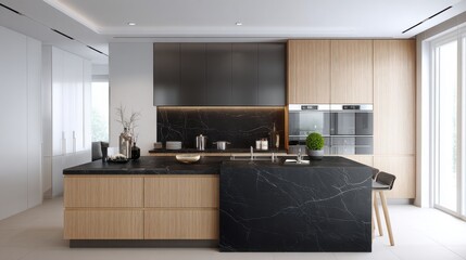 refined nordic kitchen black marble island oak