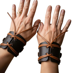 Two hands wearing leather wrist cuffs isolated on transparent background