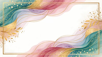Elegant Pastel Watercolor Frames and Backgrounds featuring Gold Geometric Borders, Fluid Swirls, and Botanical Elements