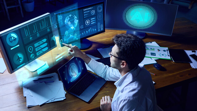 Professional researcher analyzing AI logistics dashboard with futuristic holographic interface. Concept of artificial intelligence, supply chain, digital innovation, and modern design. Collage