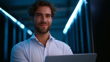 A technician posing confidently with a laptop in a server room cables and glowing racks around professional attire highlighted by cool blue lights scene symbolizing database man - Powered by Adobe