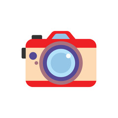 Flat vector illustration of a colorful camera icon with red body and blue lens. Perfect for photography, media, technology, creative design, digital projects, and modern visual communication concepts.