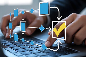Digital Workflow Diagram Overlay on Hands Typing Laptop Illustration