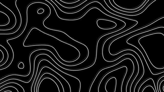 Black and White Topo Map of Hilly Area 4K Animation Video with Moving Contour Lines, Abstract Topographic Map Background, Seamless Loop Terrain, Hikers, Cartographers, Geologists, Landscape