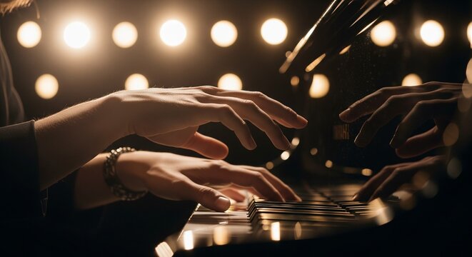 Elegant hands of two pianists in a passionate duet, gracefully moving over ivory keys during a classical music concert with beautiful bokeh background light - Powered by Adobe