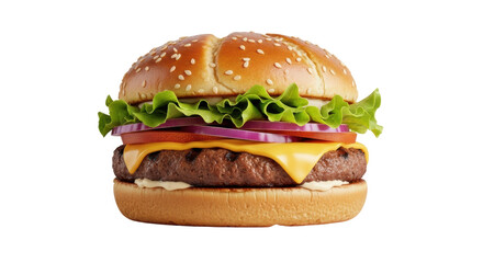 Isolated yummy burger with sesame seed bun and juicy beef patty, delicious fast food snack