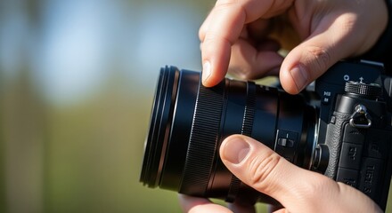 Close-up of a person's hands adjusting the focus ring on a professional camera lens, capturing the intricate details of photography equipment in an outdoor setting