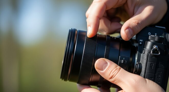 Close-up of a person's hands adjusting the focus ring on a professional camera lens, capturing the intricate details of photography equipment in an outdoor setting