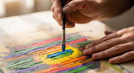 Naklejka premium Artist's hand holding a paintbrush, applying vibrant colors to a canvas, creating a masterpiece with texture and depth, showcasing the creative process and artistic expression