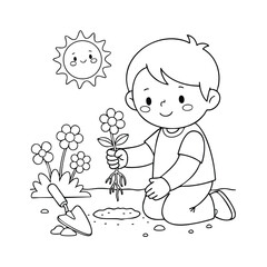 Fototapeta premium A cheerful child kneeling in a garden, planting a flower while enjoying a sunny day with a smiling sun above.