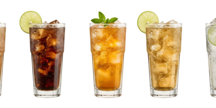 Refreshing Beverage Assortment: A visually pleasing display of iced beverages in transparent glasses, featuring an array of colors and garnishes, perfectly capturing refreshment. 