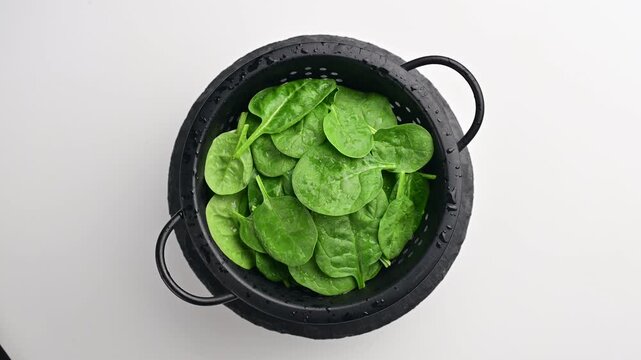Freshly washed spinach ready for cooking in a black colander on a clean kitchen surface
