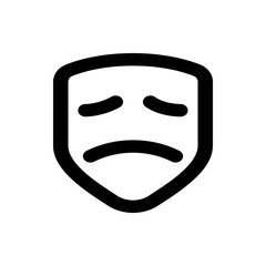 A simple black and white illustration of a sad theatrical mask with downturned eyes and mouth design element