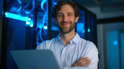 A technician posing confidently with a laptop in a server room cables and glowing racks around professional attire highlighted by cool blue lights scene symbolizing database man - Powered by Adobe
