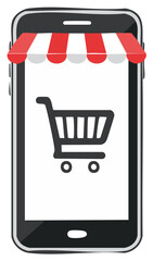 Online Store on Smartphone Screen with Awning and Shopping Cart Icon