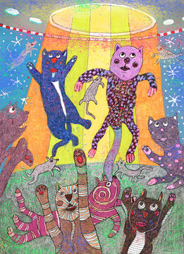 Painting of colorful cats in a whimsical scene with vibrant patterns and playful energy.