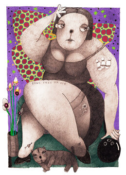 Surreal illustration of a woman and cat with bowling ball, colorful patterns in background.