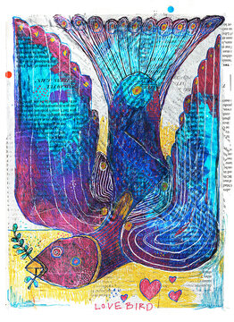 Colorful abstract painting of a bird with dazzling plumage on a textured background.