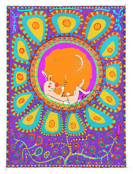 Colorful psychedelic art featuring a rabbit inhaling from a hookah in vibrant patterns.